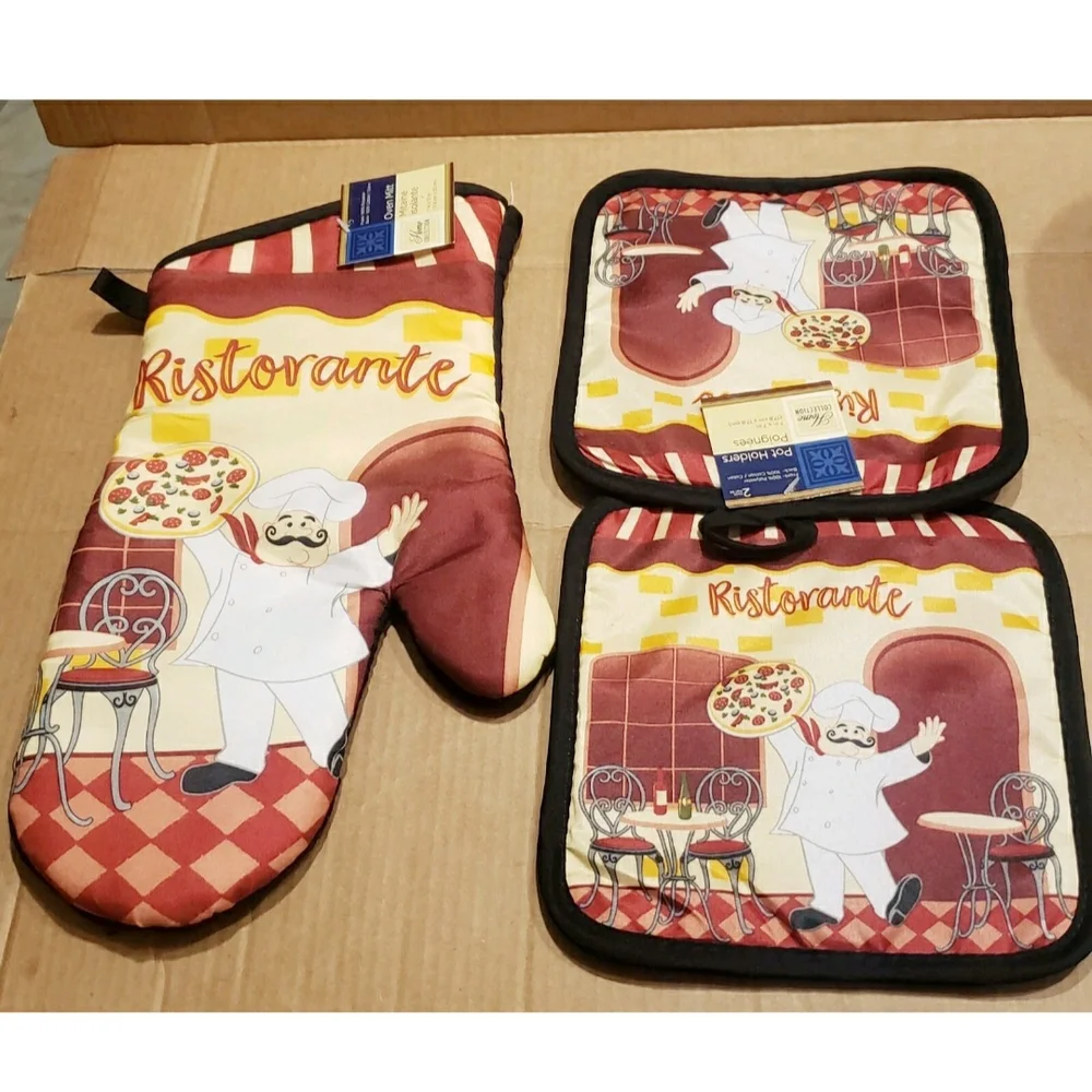 Kitchen Oven Mitt Pot Holders Set Of 3pcs Italian Chef Design